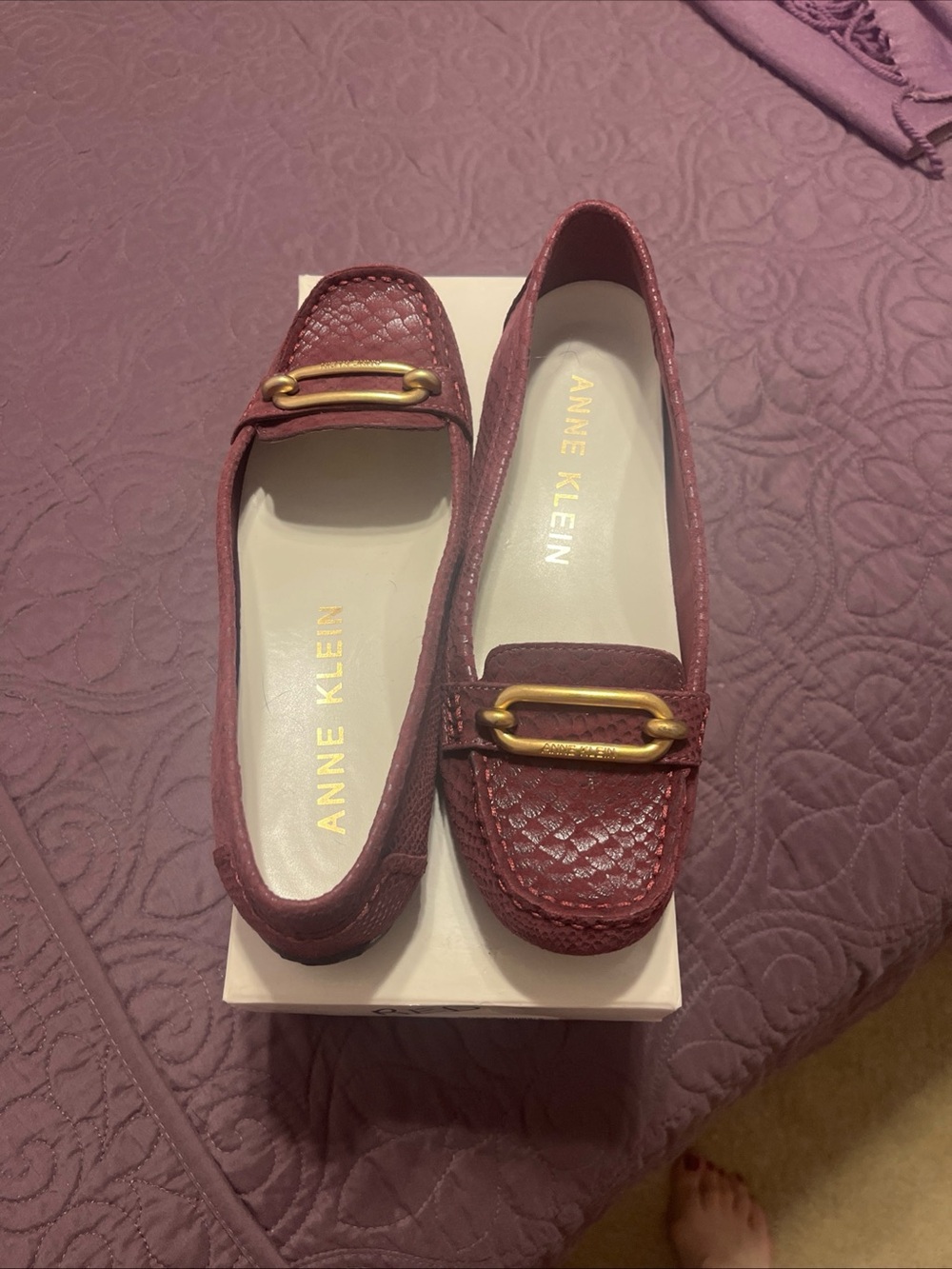 Anne Klein Women's Burgundy Loafers with Gold Accent size 8